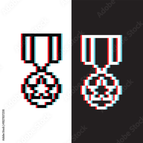 glitch pixel Military medal 8 bit champion sign art vector icon  logo for game 