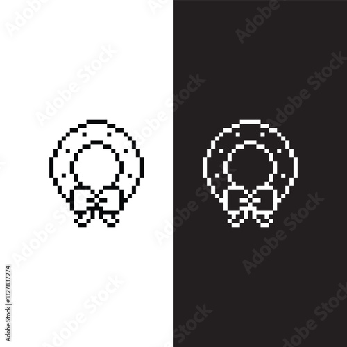 black and white pixel art Christmas wreath 8 bit vector icon art for computer game