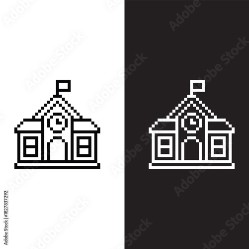black and white pixel art school building 8 bit vector icon art for computer game	