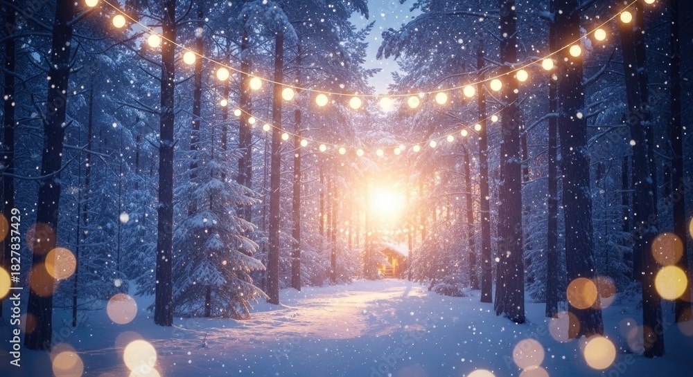 Obraz premium A serene winter wonderland with a wooden cabin nestled in a snow-covered forest, illuminated by a string of fairy lights, with a soft, golden glow and a gentle snowfall.