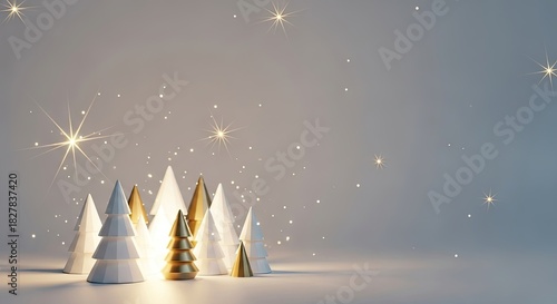 A group of white and gold Christmas trees with stars and snowflakes on a gray background.