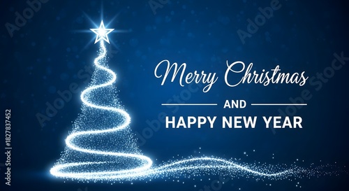 A luminous blue christmas tree of shimmering light particles with a star, on a dark blue background, displaying merry christmas and happy new year