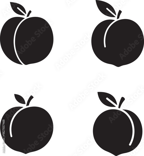 Four black peach silhouettes on white background for graphic design