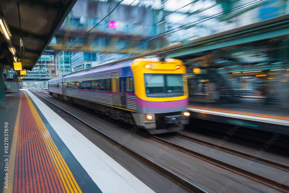 Fototapeta premium A vibrant commuter train arriving at a bustling station, with blurred motion indicating a busy morning rush hour.