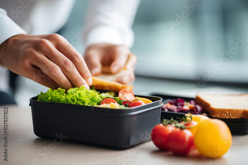 A dynamic shot of a person quickly packing a lunchbox with healthy food, preparing for the day's meals, emphasizing efficiency.