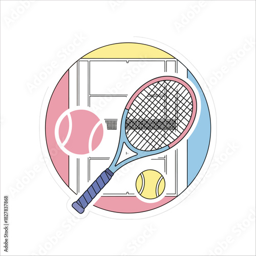 Minimalist Tennis Icon with Racket, Ball & Court Lines – Modern Vector Illustration Perfect for Sports Apps, Branding & Education