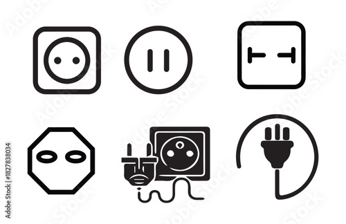 Electrical Icons: Collection of simple, stylized icons representing diverse power sockets and electrical plugs, conveying essential elements of modern technology and energy solutions.