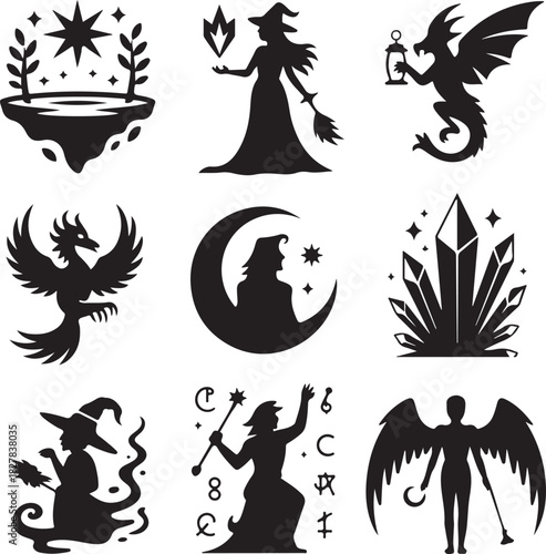 Magical creatures and objects in black and white vector illustration set