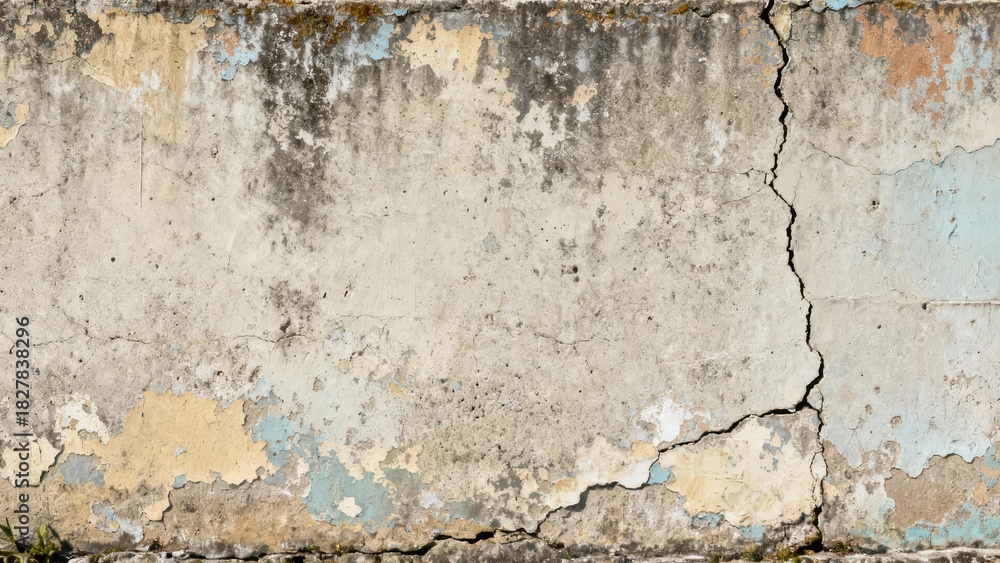 Obraz premium Weathered concrete surface displays prominent structural fissures and peeling paint remnants