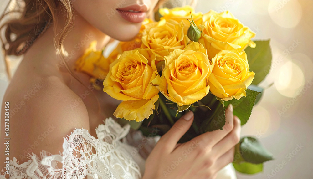 Obraz premium Romantic bride holding bouquet of yellow roses with soft natural light, elegant wedding floral concept photography