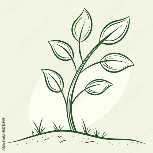 Hand drawn plant with leaves sprouting from the ground on a light background