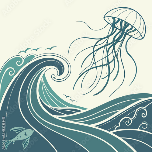 Stylized illustration of a jellyfish swimming above ocean waves and fish