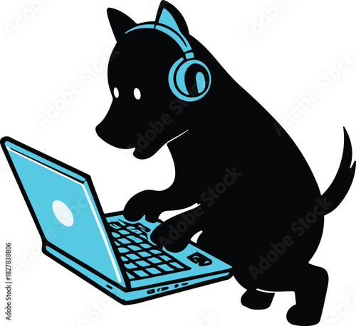 Cartoon dog wearing headphones using laptop computer, humorous animal technology concept, playful digital culture design, black silhouette blue device cad drawing flat vector illustration