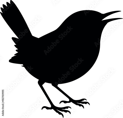 Black silhouette of a small bird singing white