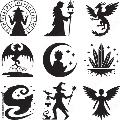 Magical silhouette illustrations set of fantasy and witchcraft elements