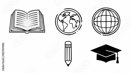Collection of educational icons including an open book, globe, graduation cap, and pencil, symbolizing learning and knowledge acquisition