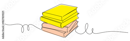 Continuous line art of a stack of books with curved lines. This icon is for a bookstore or library sticker. Vector illustration with attractive colors.
