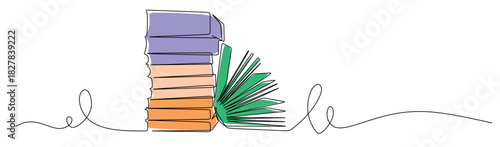 Continuous line art of a stack of books and an open book with curved lines. This icon is for a bookstore or library sticker. Vector illustration with attractive colors.