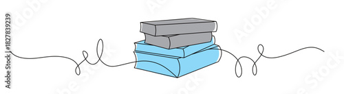 Continuous line art of a stack of books with curved lines. This icon is for a bookstore or library sticker. Vector illustration with attractive colors.