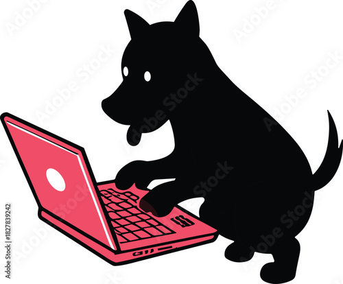 Cartoon dog using laptop computer, humorous animal technology concept, playful internet culture design, black silhouette with pink device cad drawing flat vector illustration