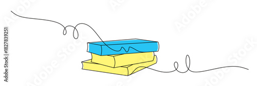 Continuous line art of a stack of books with curved lines. This icon is for a bookstore or library sticker. Vector illustration with attractive colors.