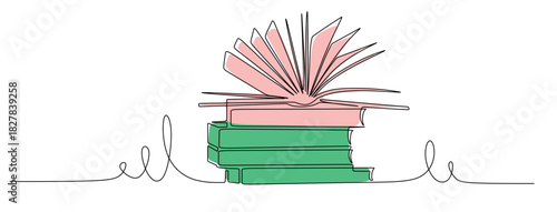 Continuous line art of a stack of books and an open book with curved lines. This icon is for a bookstore or library sticker. Vector illustration with attractive colors.