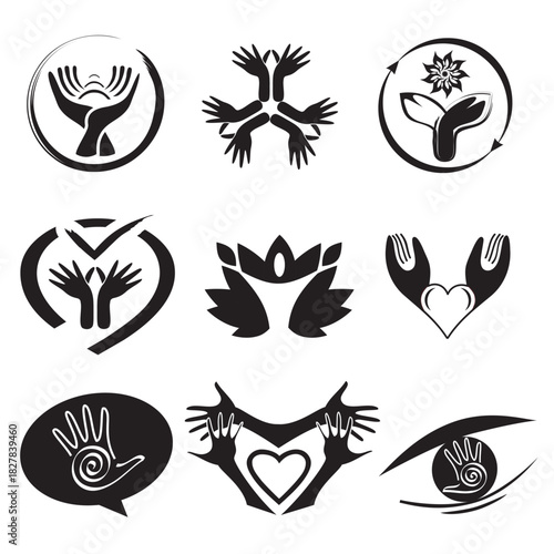 Ensemble Icônes Illustration Mains Collection Logos Mains Décoration Vecteur Noir et Blanc