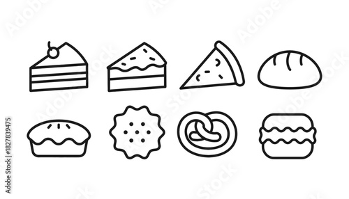 Bakery, Pastry, and Dessert Line Icon Set: Sliced Cake, Pie, Pizza Slice, Loaf of Bread, Mini Pie, Cookie, Pretzel, and Macaron for Sweet Treats, Food, and Snacks