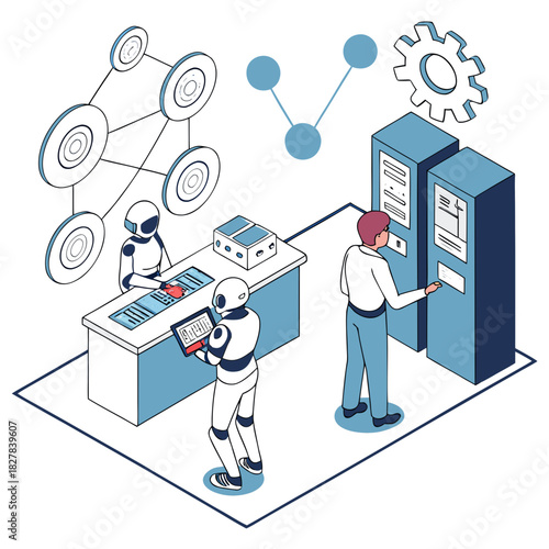 Human and robots working together in a futuristic factory