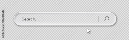 Glassmorphism 3d search bar Internet browser engine on transparent background for UI design, website interface element with web icons and push button