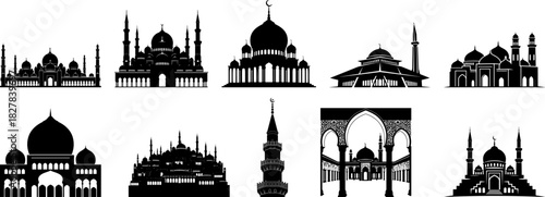 Islamic mosque architecture silhouette vector set featuring dome minaret and traditional religious buildings