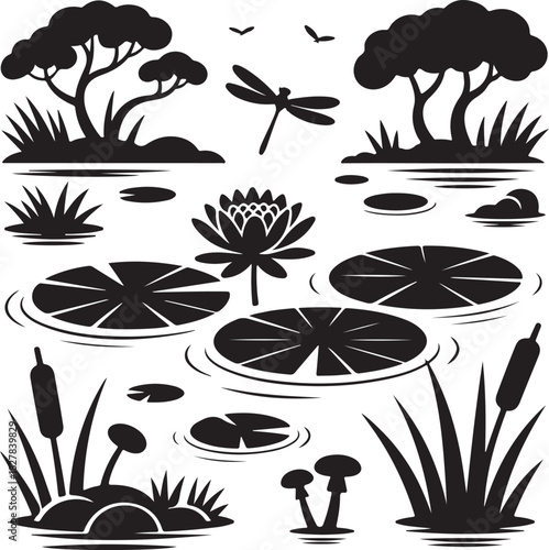 Monochrome pond scene with water lilies trees and dragonfly illustration