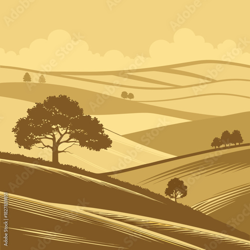 Scenic landscape illustration with rolling hills and a solitary tree in brown