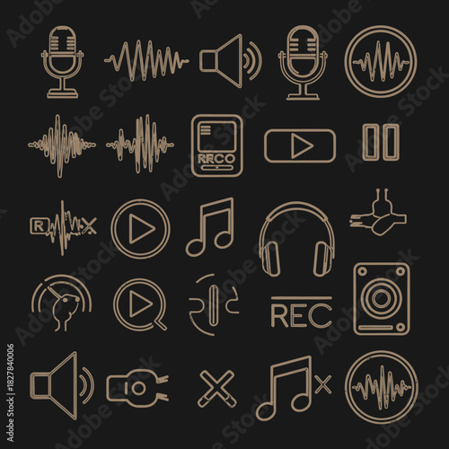Collection of audio and music icons representing sound recording playback and editing on a dark background