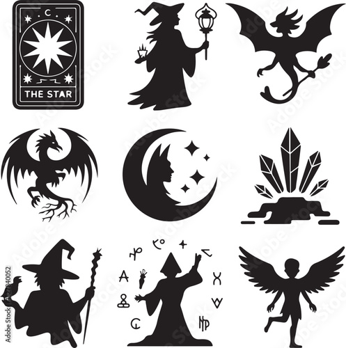 Mystical and Magical Vector Illustration with Witches Dragons and Mythical Elements