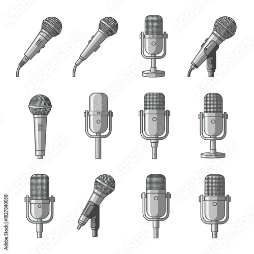 Collection of various microphone styles in grayscale against a black background for audio and recording needs
