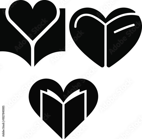 Three black heart shaped book icons symbol reading