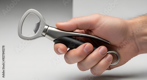 Person's hand gripping a sleek metallic bottle opener. illustration