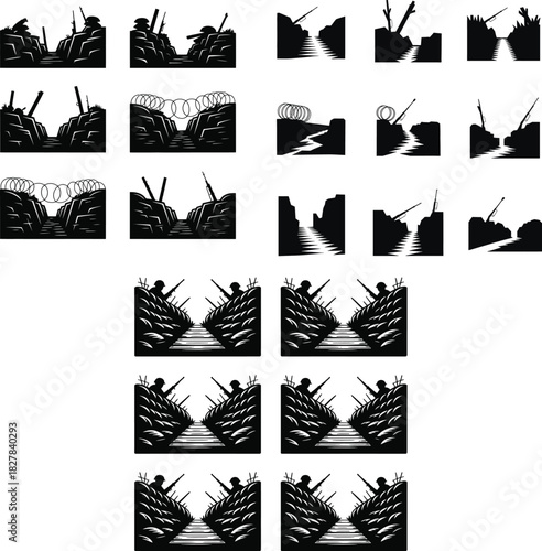 World War I trench warfare scenes with soldiers and barbed wire