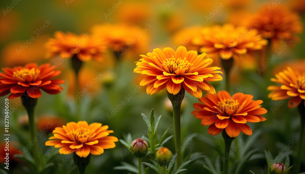 Fototapeta premium AI Generated Marigold colourful flower, a beautiful picture of orange, red & yellow colour flower plant A symbolisation Indian Cultural heritage tradition