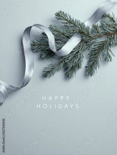 Ultra realistic holiday greeting with pine branch and silver ribbon for minimalist design