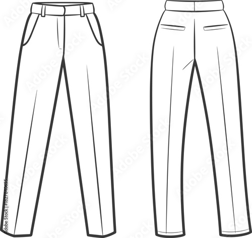 cad drawing flat vector illustration, tailored trousers sketch, slanted side pockets, welt back pockets, fly front, fashion template, garment construction
