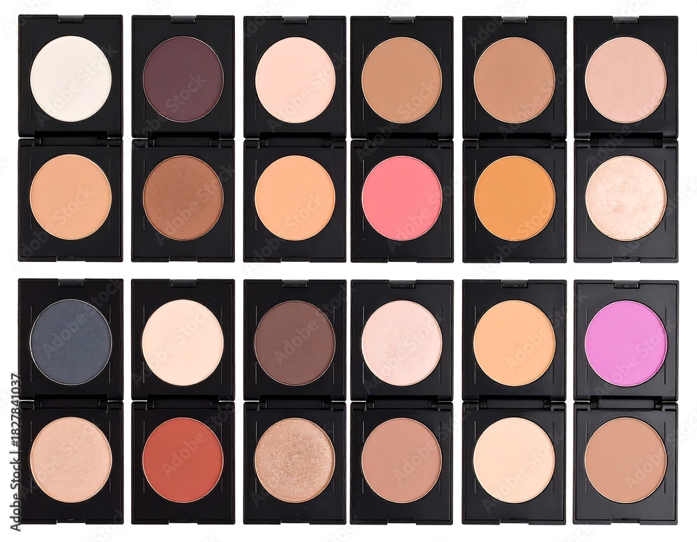 Fototapeta premium An array of round makeup pans in black compacts, showing a gradient of light to dark and various colors