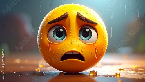 Anxious emoji in the rain, big blue eyes and yellow skin. Tear drops, drops on the face, wooden ground