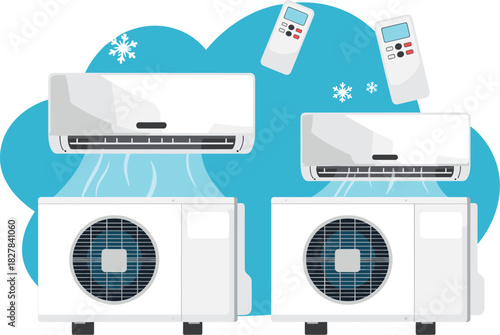 Air Conditioning System Vector Illustration Set Featuring Indoor Split Units, Outdoor Compressor Condensers, Remote Controls, Cooling Airflow, and Snowflakes.