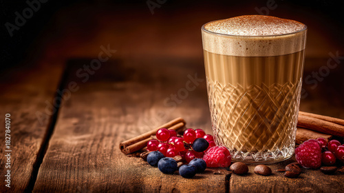 A glass of coffee with berries and cinnamon on a wooden table. Scene is warm and inviting, as the coffee and berries create a cozy atmosphere