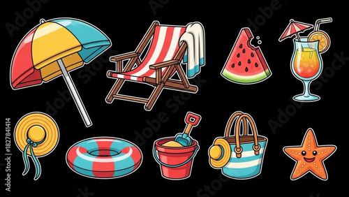 Summer Beach Relax Accessories Set on Black Background – Cartoon Game Items