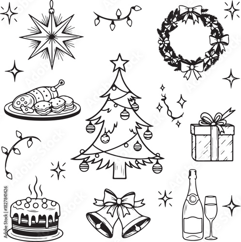 Christmas Holiday Vector Illustration with Festive Icons and Ornaments Decoration