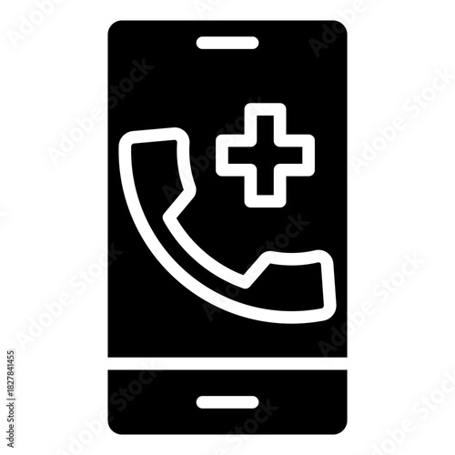 Telemedicine Glyph Black Silhouette Icon Design Vector - phone with a medical cross representing remote healthcare, consultation, and medical communication