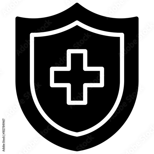 Health Shield Glyph Black Silhouette Icon Design Vector - shield with a medical cross symbol representing healthcare protection, immunity, and medical safety
